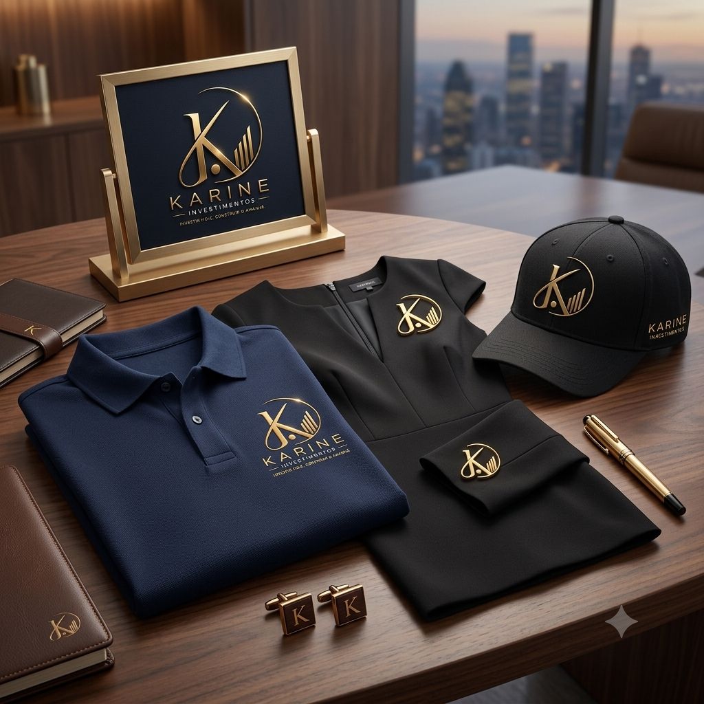 Identidade visual Karine Investimentos aplicada em uniformes e materiais